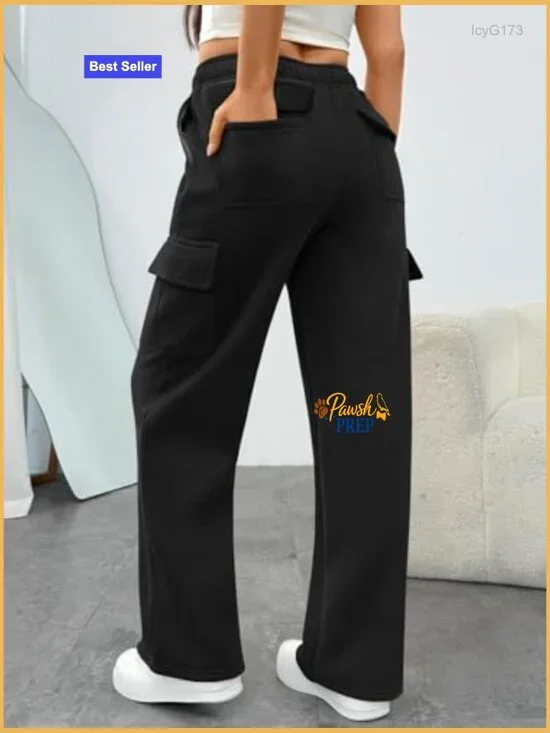 Wide Leg Cargo Sweatpants with 6 Pockets, Elastic Waist, Cotton Blend - Picture 3 of 6